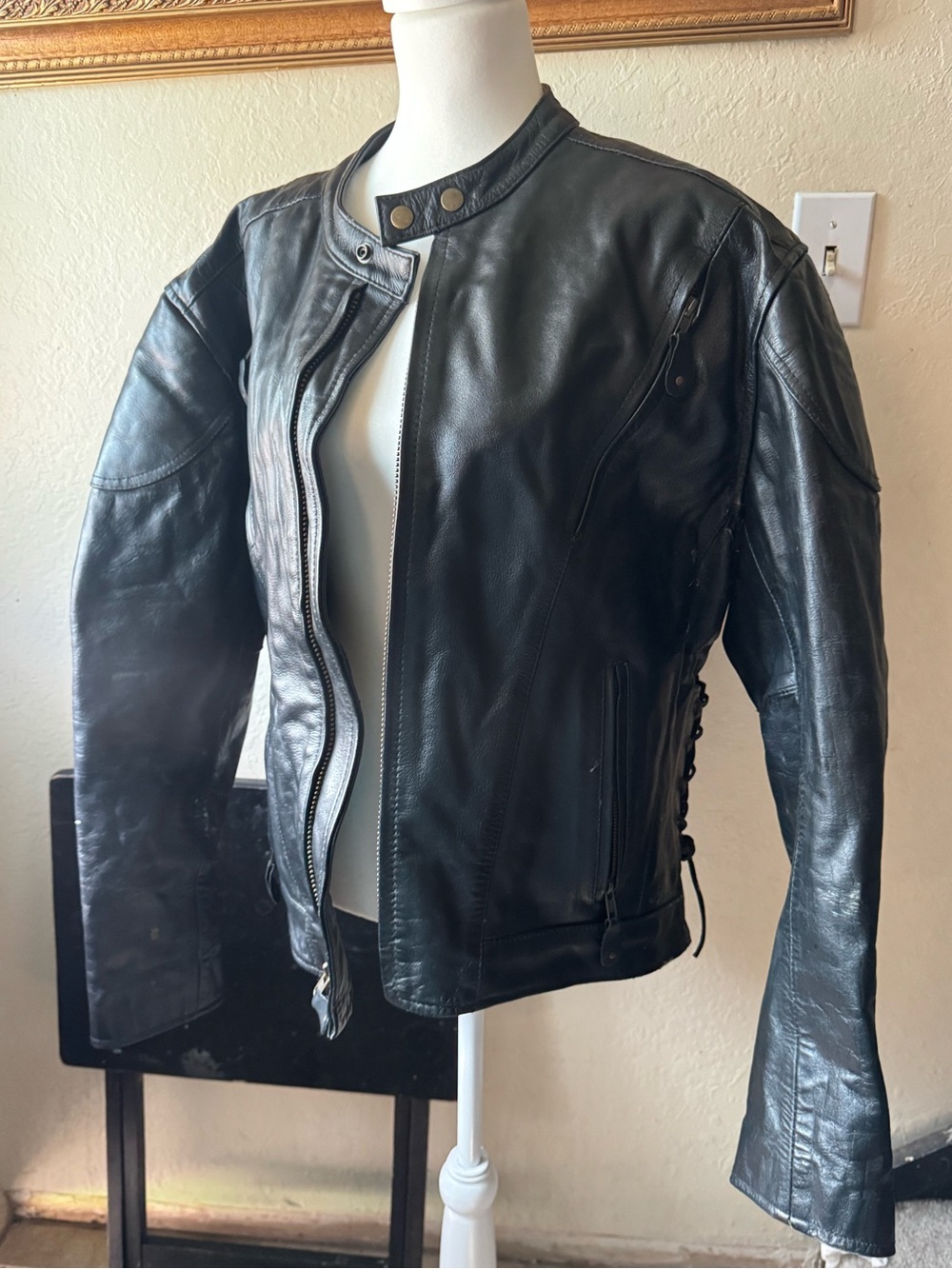 Classic Black Leather Motorcycle Jacket with Side Lacing